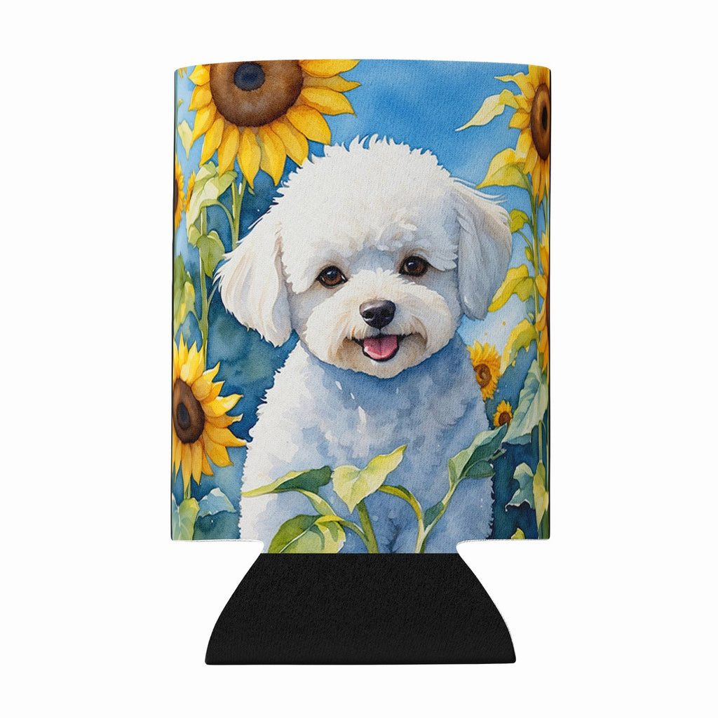 Bichon Frise in Sunflowers Can or Bottle Hugger Cooler Sleeve for Standard 12 oz Cans, Insulated Foam Beer & Soda Can Hugger Reusable