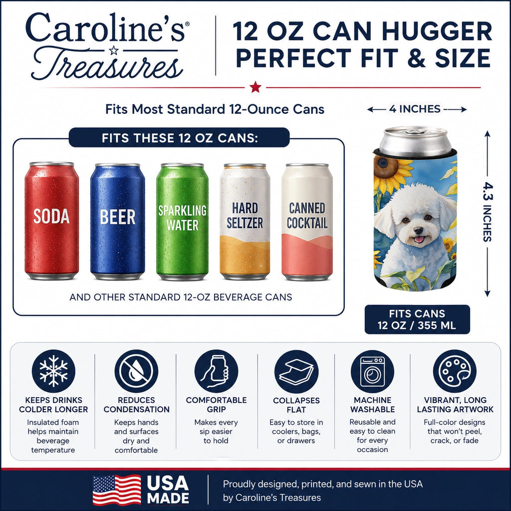 Bichon Frise in Sunflowers Can or Bottle Hugger Cooler Sleeve for Standard 12 oz Cans, Insulated Foam Beer & Soda Can Hugger Reusable