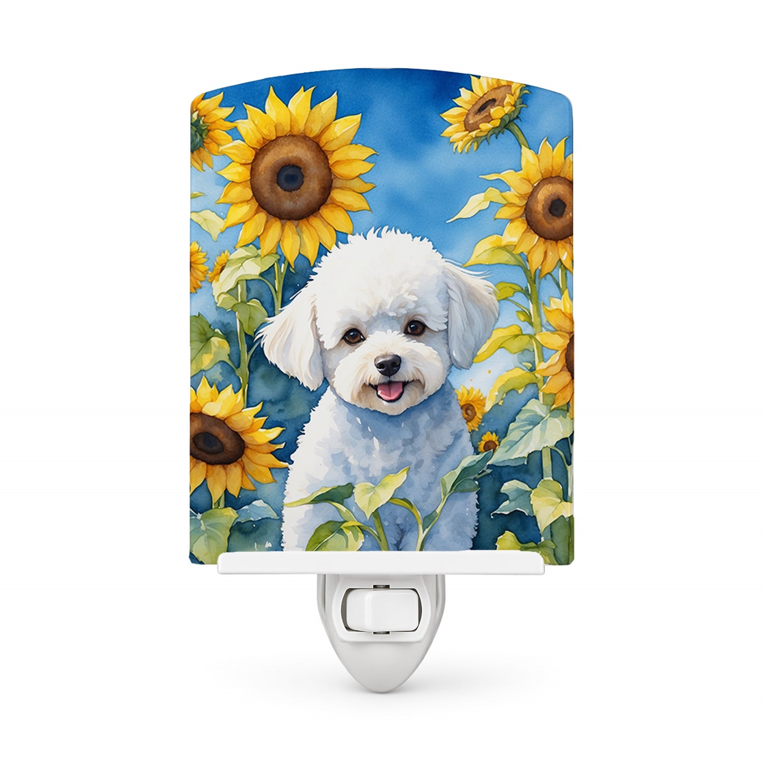Bichon Frise in Sunflowers Ceramic Night Light Compact, UL-Certified, Ideal for Bedroom, Bathroom, Nursery, Hallway, Kitchen, 6x4x3, Multicolor