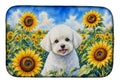 Bichon Frise in Sunflowers Dish Drying Mat Absorbent Dish Drying Mat Pad for Kitchen Counter Dish Drainer Mat for Countertop, 14 x 21", Multicolor