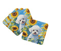 Bichon Frise in Sunflowers Foam Coasters Set of 4 Cup Coasters for Indoor Outdoor, Tabletop Protection, Anti Slip, Mouse pad Material