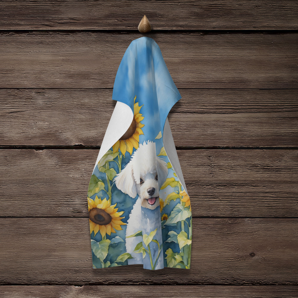 Bichon Frise in Sunflowers Kitchen Towel Velour Plush Front and Cotton Loop Back Machine Washable