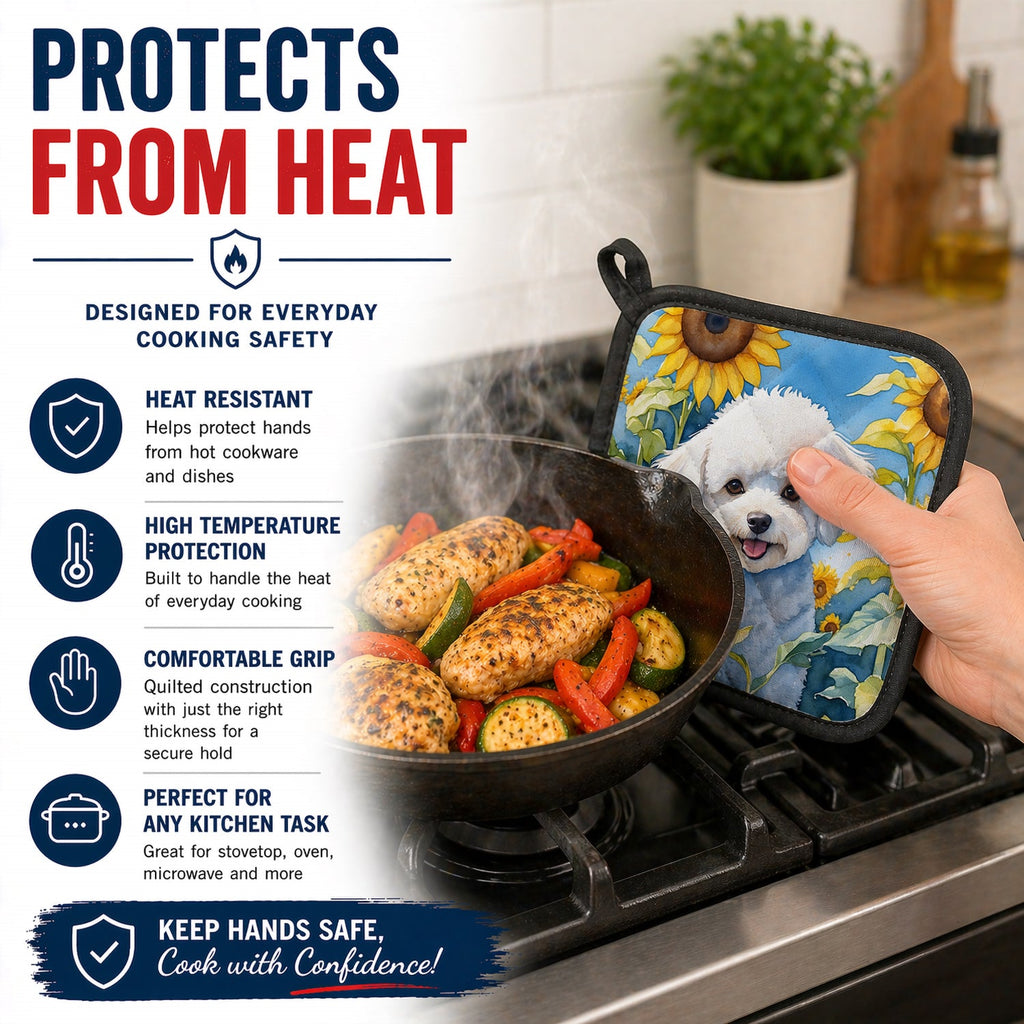 Bichon Frise in Sunflowers Pot Holder Set of 2 Heat Resistant Quilted Hot Pads 7.5 x 7.5 Inch, Insulated Kitchen Trivets for Cooking & Baking