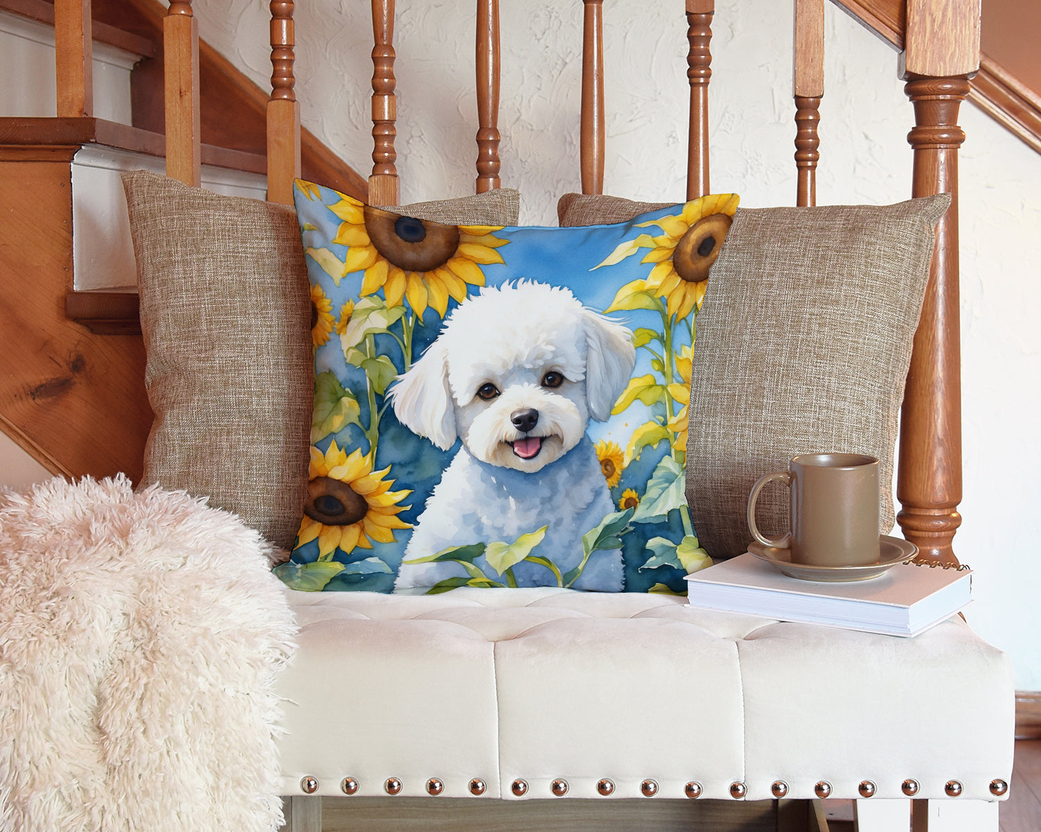Bichon Frise in Sunflowers Decorative Throw Pillow 14x14 Indoor Outdoor Accent Cushion, Fabric Cover with Insert for Sofa, Bed, Porch & Living Room