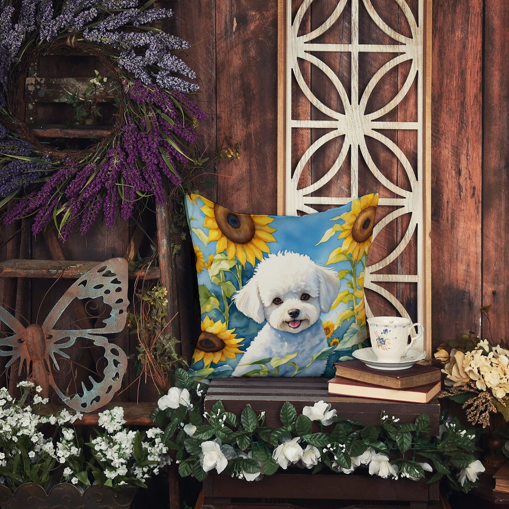 Bichon Frise in Sunflowers Decorative Throw Pillow 18x18 Indoor Outdoor Accent Cushion, Fabric Cover with Insert for Sofa, Bed, Porch & Living Room