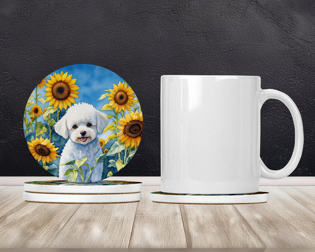 Bichon Frise in Sunflowers Large Sandstone Coasters Pack of 4 Absorbent Round Coasters Decor Gifts for Men or Women, 4 in, Multicolor
