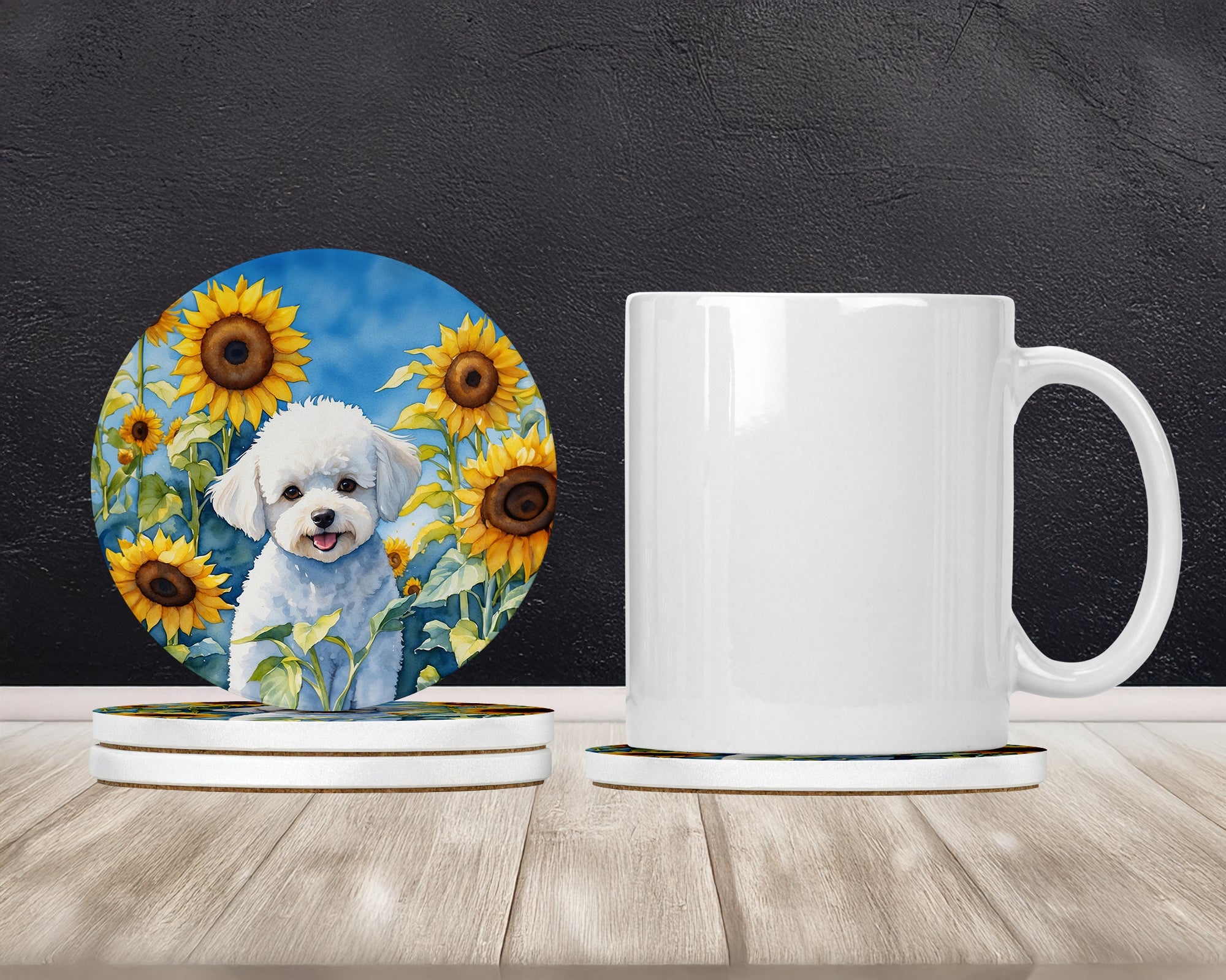 Bichon Frise in Sunflowers Large Sandstone Coasters Pack of 4 Absorbent Round Coasters Decor Gifts for Men or Women, 4 in, Multicolor