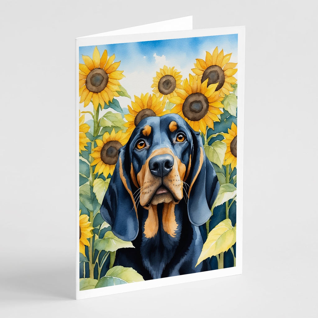 Black and Tan Coonhound in Sunflowers Greeting Cards Pack of 8 Blank Cards with Envelopes Whimsical A7 Size 5x7