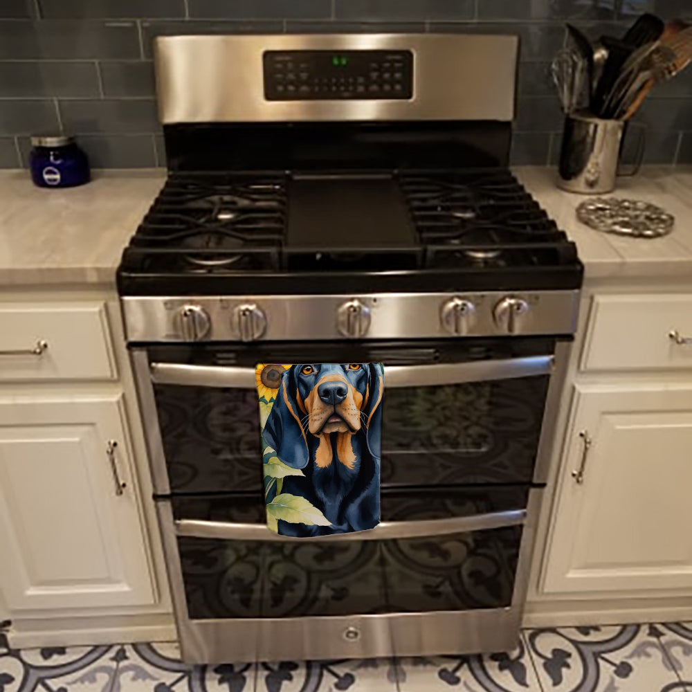 Black and Tan Coonhound in Sunflowers Kitchen Towel Velour Plush Front and Cotton Loop Back Machine Washable