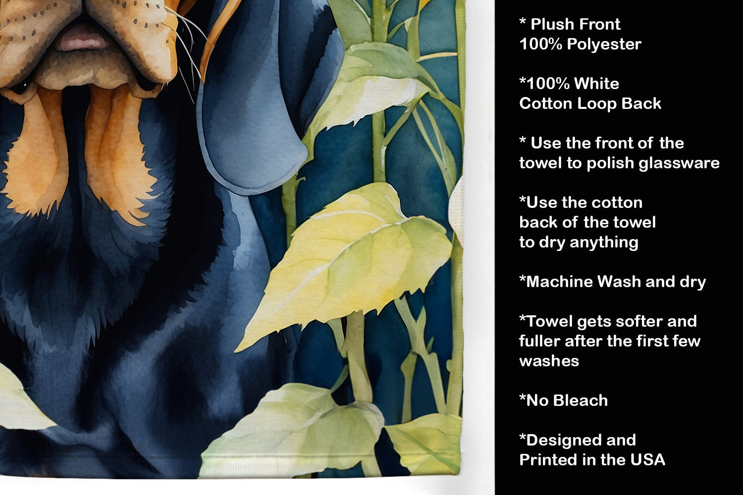 Black and Tan Coonhound in Sunflowers Kitchen Towel Velour Plush Front and Cotton Loop Back Machine Washable