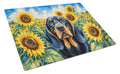 Black and Tan Coonhound in Sunflowers Cutting Board Tempered Glass Kitchen Cutting Surface, Heat Resistant Chopping Board with Non-Slip Feet, Decorative Food Prep & Serving