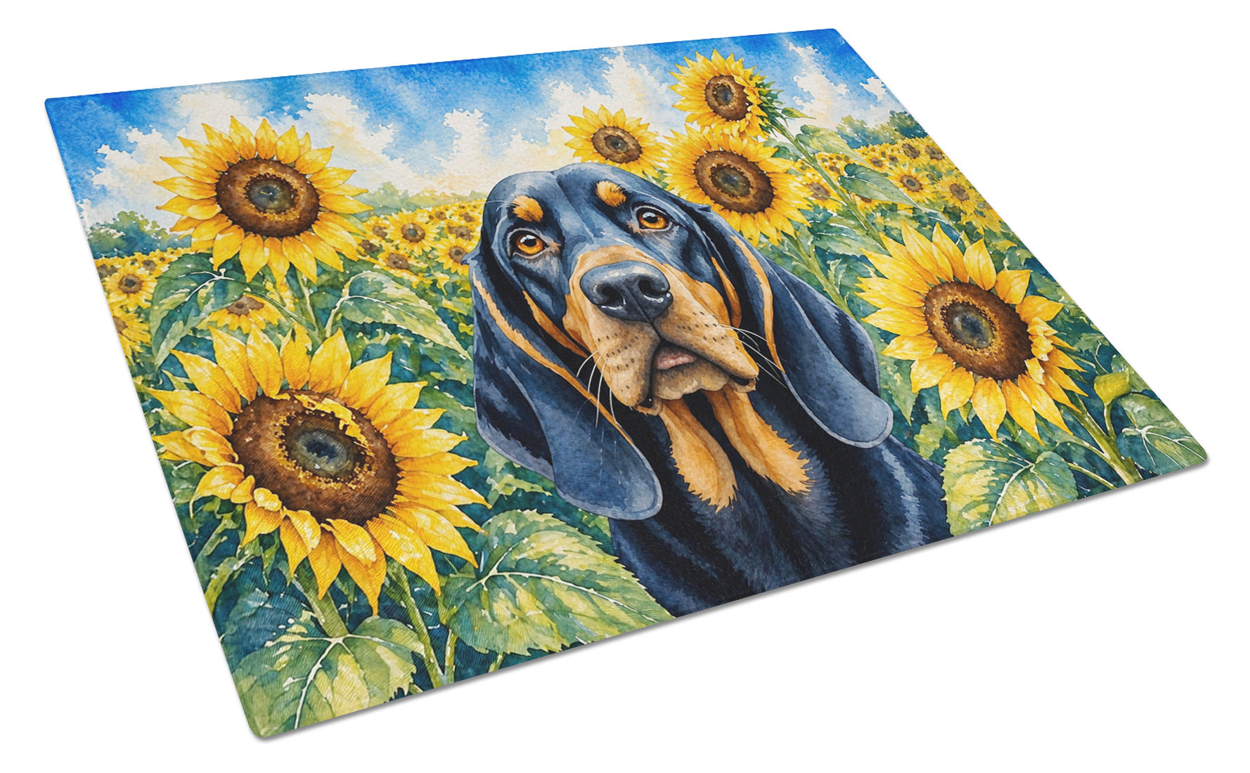 Black and Tan Coonhound in Sunflowers Cutting Board Tempered Glass Kitchen Cutting Surface, Heat Resistant Chopping Board with Non-Slip Feet, Decorative Food Prep & Serving
