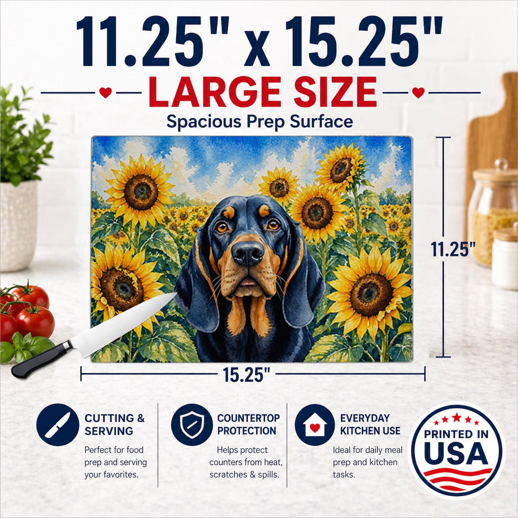 Black and Tan Coonhound in Sunflowers Cutting Board Tempered Glass Kitchen Cutting Surface, Heat Resistant Chopping Board with Non-Slip Feet, Decorative Food Prep & Serving
