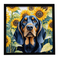Black and Tan Coonhound in Sunflowers Framed Metal Print Bathroom, Kitchen, Office, Home Decor Wall Art Ready to Hang, Square, 8X8
