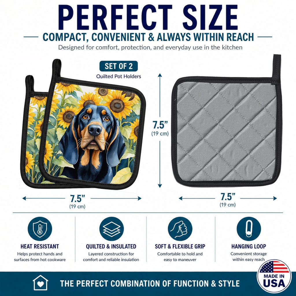 Black and Tan Coonhound in Sunflowers Pot Holder Set of 2 Heat Resistant Quilted Hot Pads 7.5 x 7.5 Inch, Insulated Kitchen Trivets for Cooking & Baking