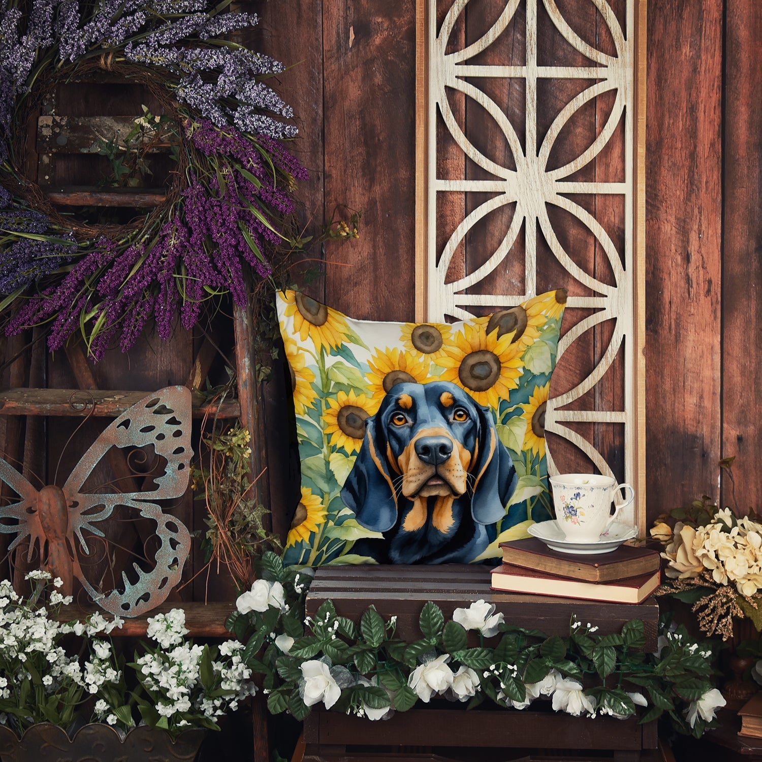 Black and Tan Coonhound in Sunflowers Decorative Throw Pillow 14x14 Indoor Outdoor Accent Cushion, Fabric Cover with Insert for Sofa, Bed, Porch & Living Room