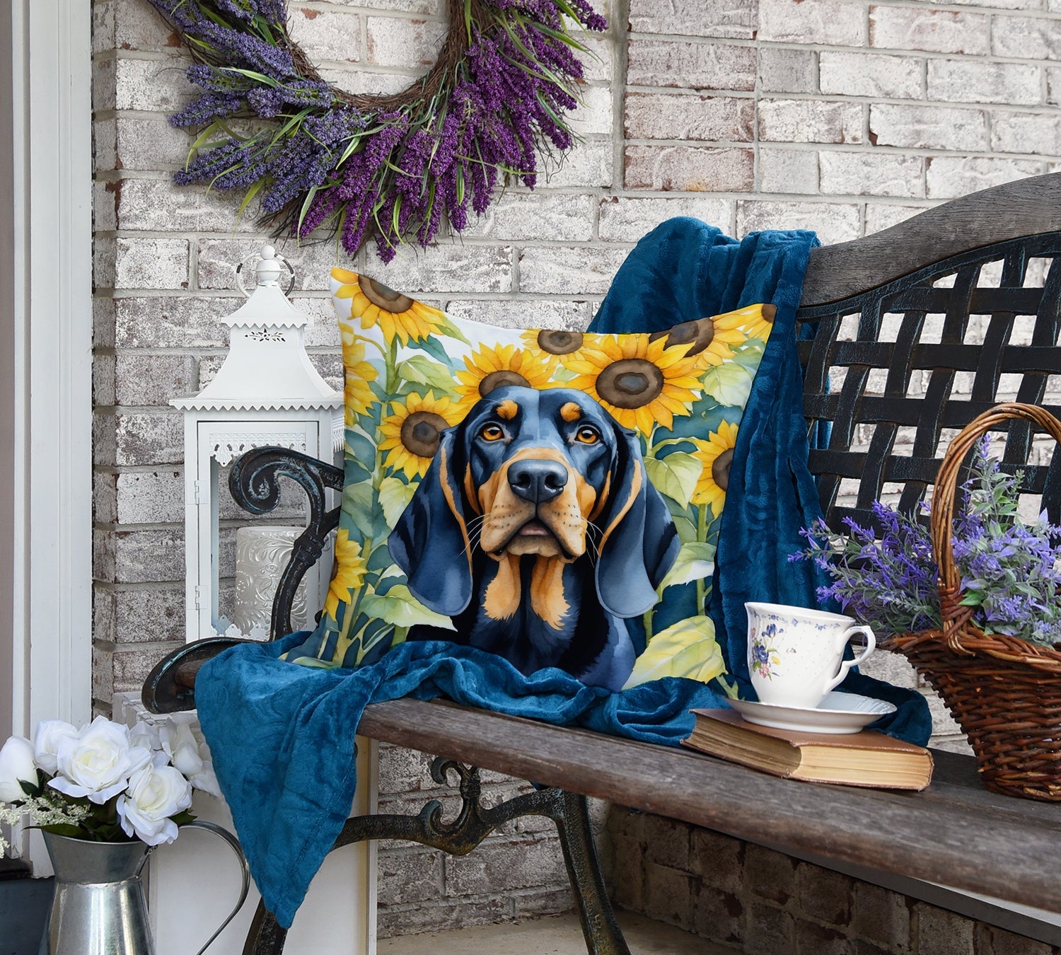 Black and Tan Coonhound in Sunflowers Decorative Throw Pillow 18x18 Indoor Outdoor Accent Cushion, Fabric Cover with Insert for Sofa, Bed, Porch & Living Room