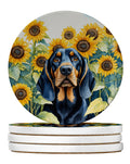Black and Tan Coonhound in Sunflowers Large Sandstone Coasters Pack of 4 Absorbent Round Coasters Decor Gifts for Men or Women, 4 in, Multicolor