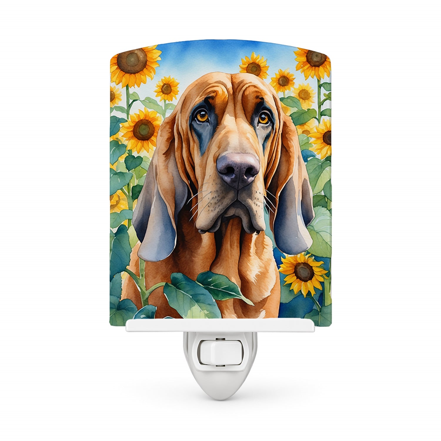 Bloodhound in Sunflowers Ceramic Night Light Compact, UL-Certified, Ideal for Bedroom, Bathroom, Nursery, Hallway, Kitchen, 6x4x3, Multicolor