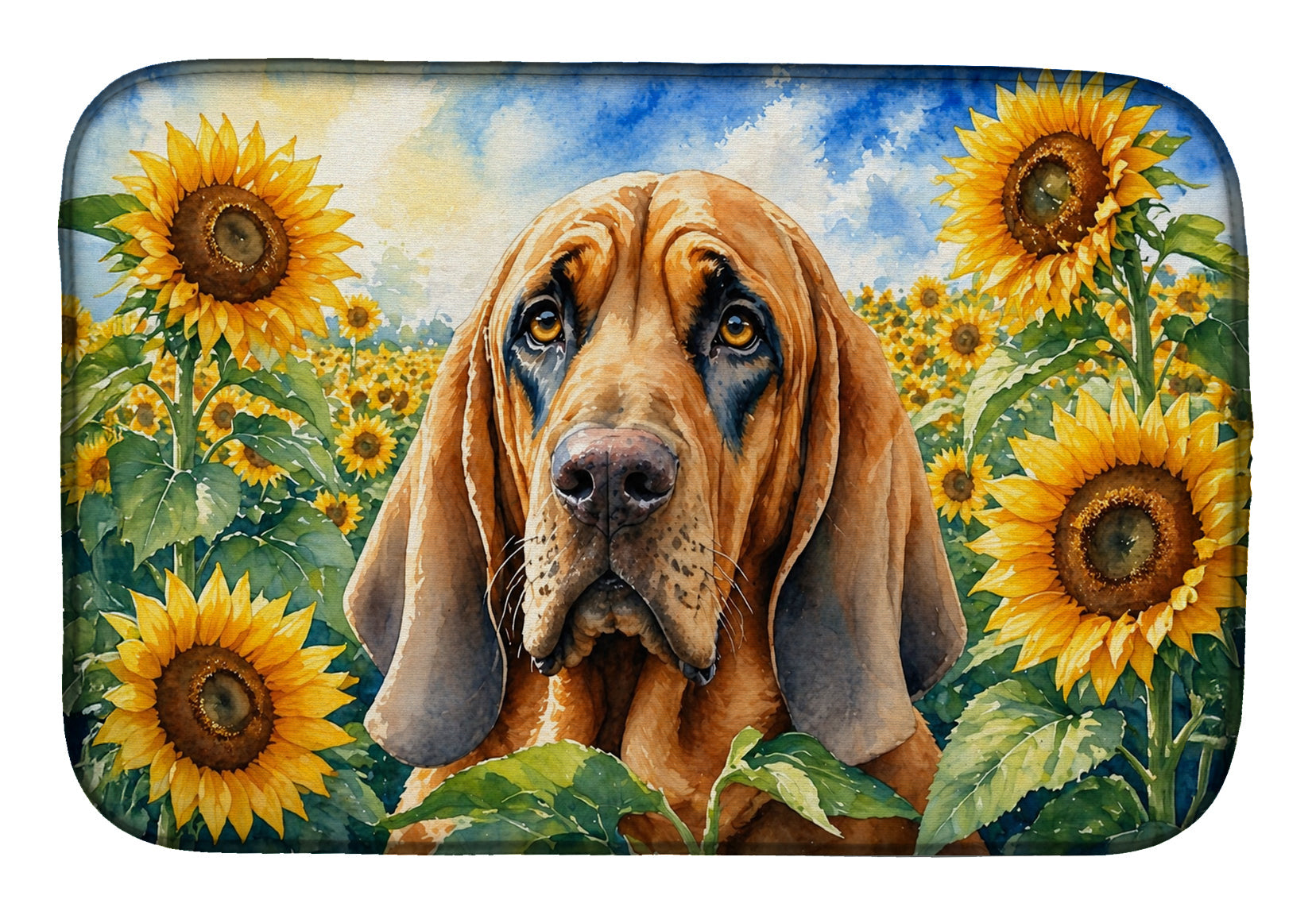Bloodhound in Sunflowers Dish Drying Mat Absorbent Dish Drying Mat Pad for Kitchen Counter Dish Drainer Mat for Countertop, 14 x 21", Multicolor