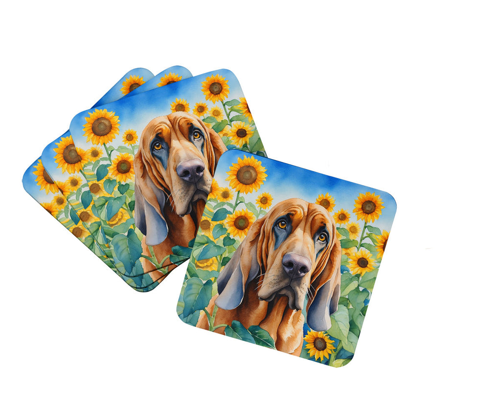 Bloodhound in Sunflowers Foam Coasters Set of 4 Cup Coasters for Indoor Outdoor, Tabletop Protection, Anti Slip, Mouse pad Material