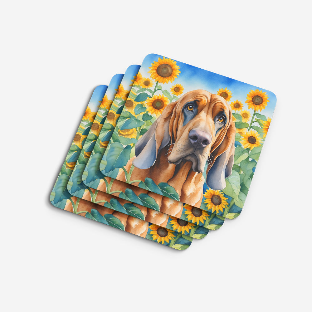 Bloodhound in Sunflowers Foam Coasters Set of 4 Cup Coasters for Indoor Outdoor, Tabletop Protection, Anti Slip, Mouse pad Material