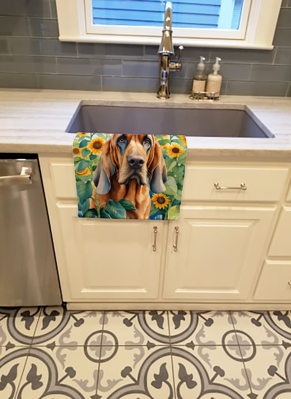 Bloodhound in Sunflowers Kitchen Towel Velour Plush Front and Cotton Loop Back Machine Washable