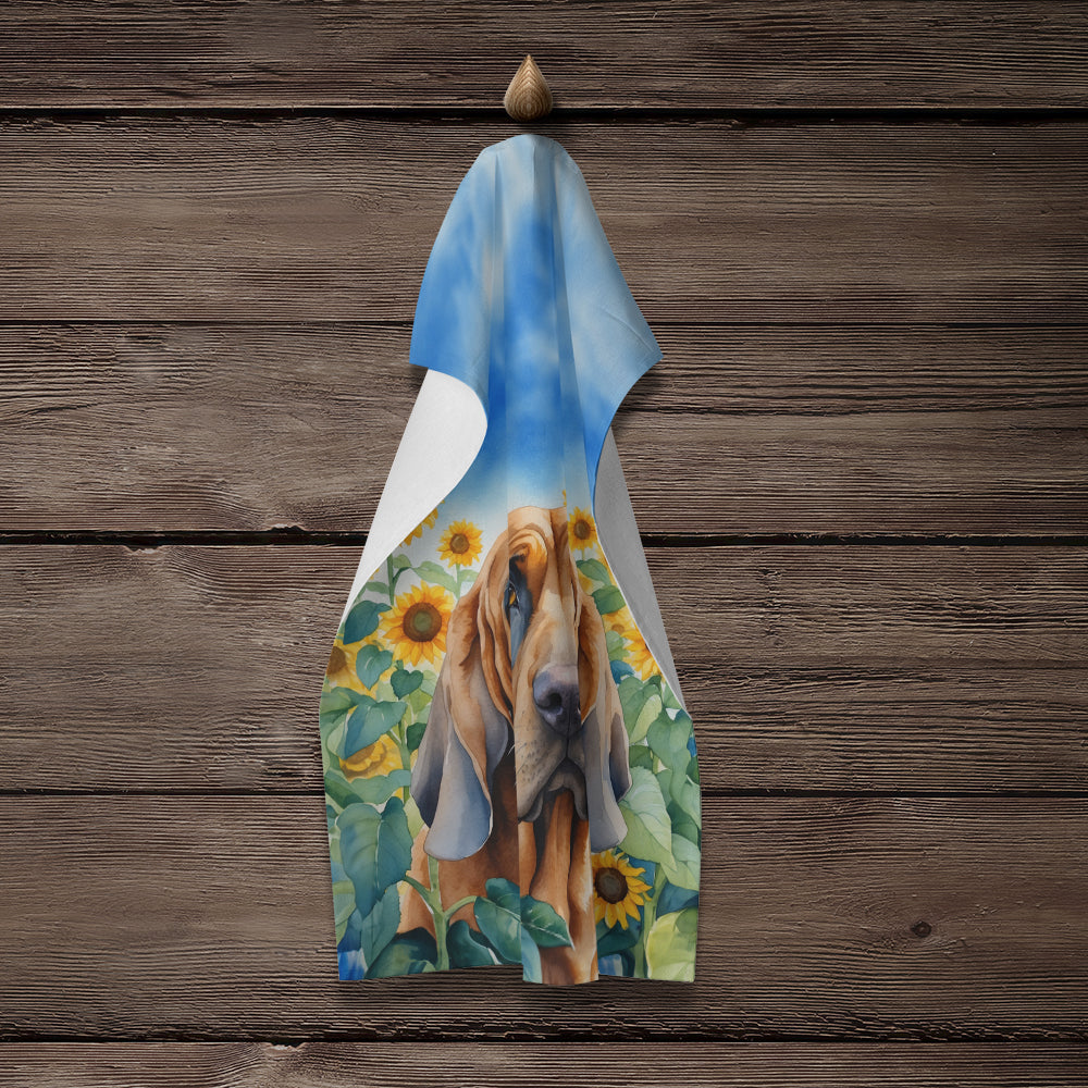 Bloodhound in Sunflowers Kitchen Towel Velour Plush Front and Cotton Loop Back Machine Washable