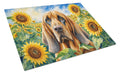 Bloodhound in Sunflowers Cutting Board Tempered Glass Kitchen Cutting Surface, Heat Resistant Chopping Board with Non-Slip Feet, Decorative Food Prep & Serving