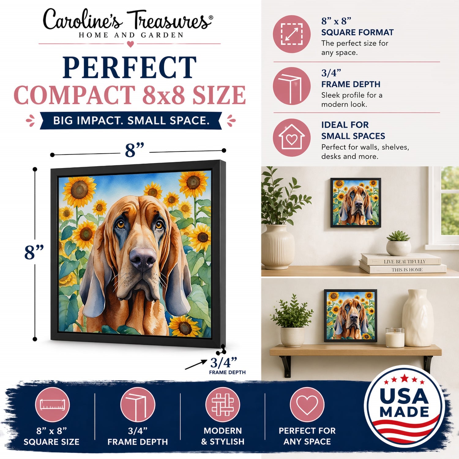 Bloodhound in Sunflowers Framed Metal Print Bathroom, Kitchen, Office, Home Decor Wall Art Ready to Hang, Square, 8X8