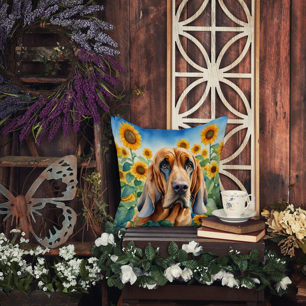Bloodhound in Sunflowers Decorative Throw Pillow 14x14 Indoor Outdoor Accent Cushion, Fabric Cover with Insert for Sofa, Bed, Porch & Living Room