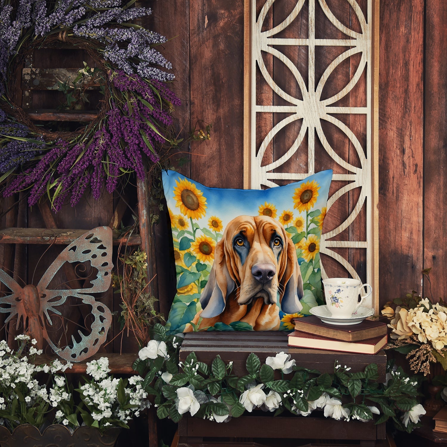 Bloodhound in Sunflowers Decorative Throw Pillow 14x14 Indoor Outdoor Accent Cushion, Fabric Cover with Insert for Sofa, Bed, Porch & Living Room