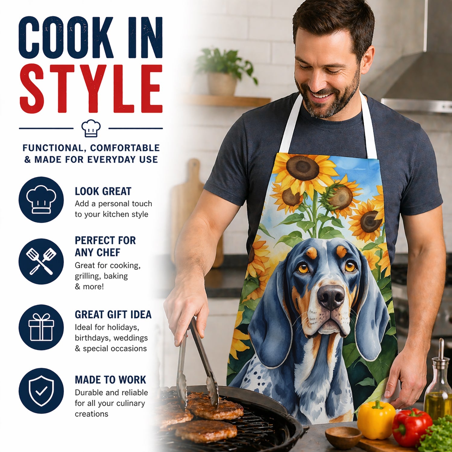 Bluetick Coonhound in Sunflowers Apron Cooking Kitchen Server Baking Crafts Gardening for Adult Women Men, Unisex, Large, Multicolor