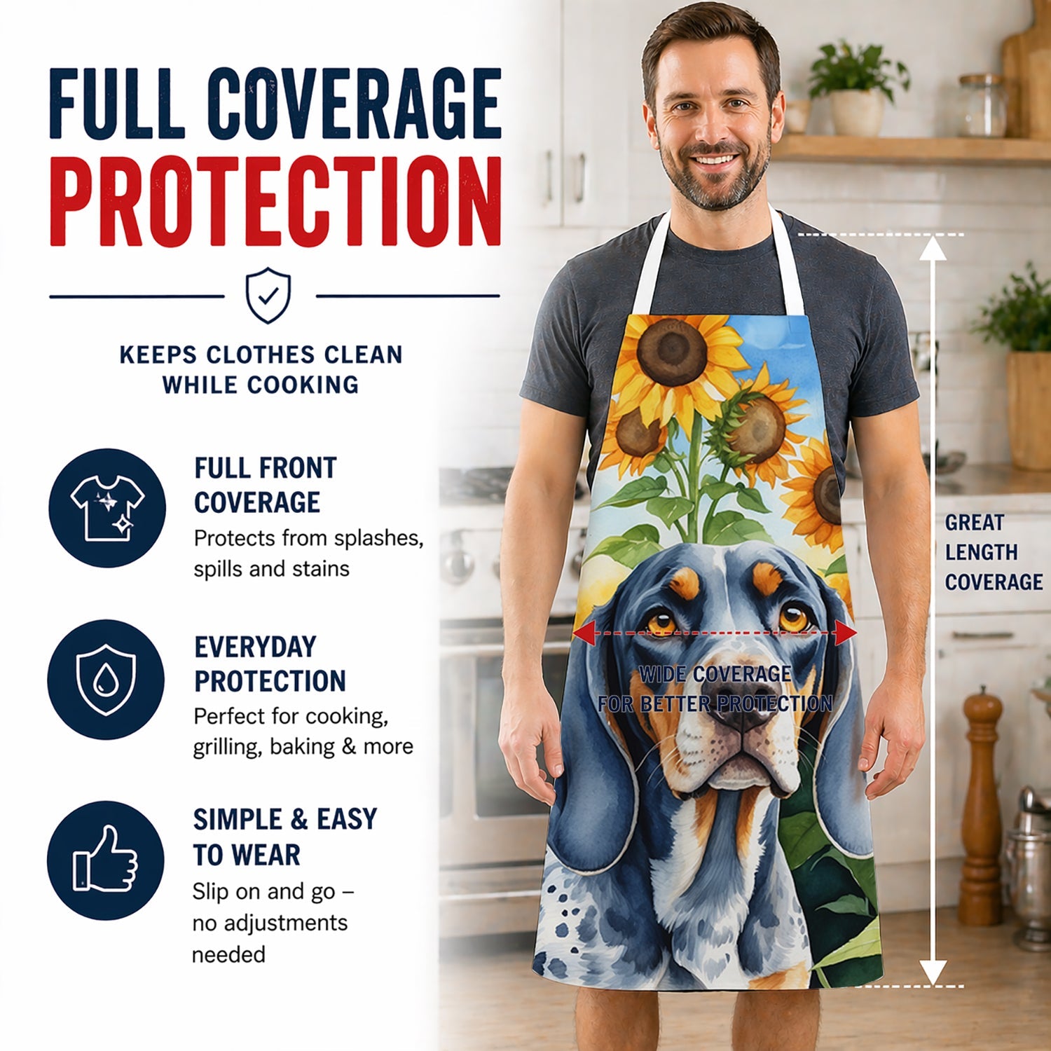 Bluetick Coonhound in Sunflowers Apron Cooking Kitchen Server Baking Crafts Gardening for Adult Women Men, Unisex, Large, Multicolor