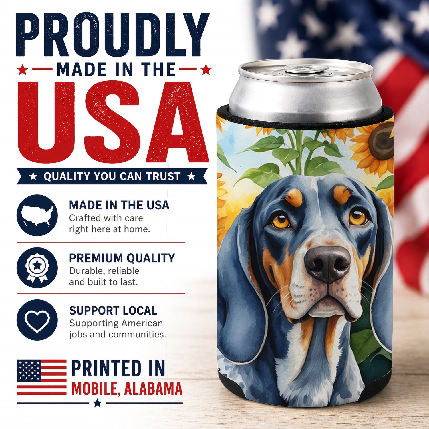 Bluetick Coonhound in Sunflowers Can or Bottle Hugger Cooler Sleeve for Standard 12 oz Cans, Insulated Foam Beer & Soda Can Hugger Reusable