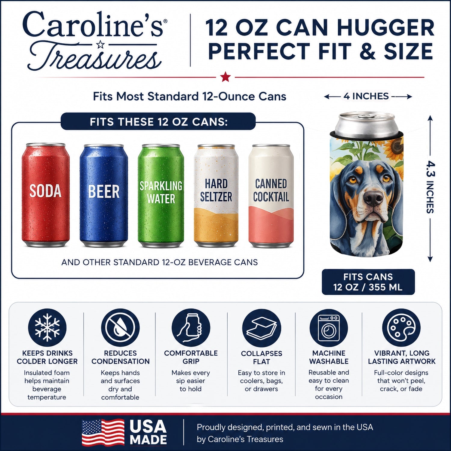 Bluetick Coonhound in Sunflowers Can or Bottle Hugger Cooler Sleeve for Standard 12 oz Cans, Insulated Foam Beer & Soda Can Hugger Reusable