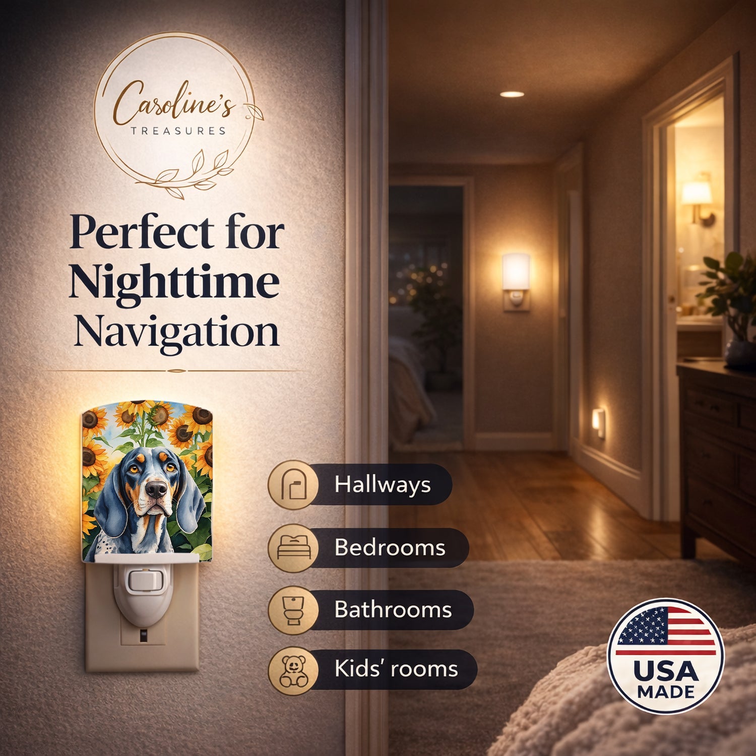 Bluetick Coonhound in Sunflowers Ceramic Night Light Compact, UL-Certified, Ideal for Bedroom, Bathroom, Nursery, Hallway, Kitchen, 6x4x3, Multicolor