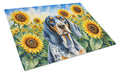 Bluetick Coonhound in Sunflowers Cutting Board Tempered Glass Kitchen Cutting Surface, Heat Resistant Chopping Board with Non-Slip Feet, Decorative Food Prep & Serving