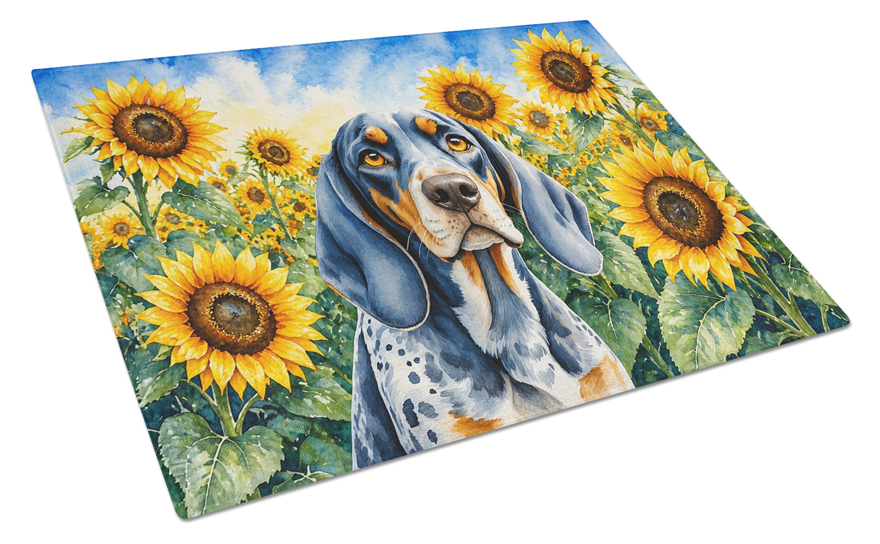 Bluetick Coonhound in Sunflowers Cutting Board Tempered Glass Kitchen Cutting Surface, Heat Resistant Chopping Board with Non-Slip Feet, Decorative Food Prep & Serving