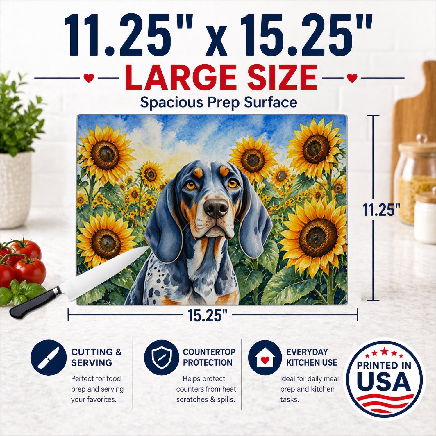 Bluetick Coonhound in Sunflowers Cutting Board Tempered Glass Kitchen Cutting Surface, Heat Resistant Chopping Board with Non-Slip Feet, Decorative Food Prep & Serving