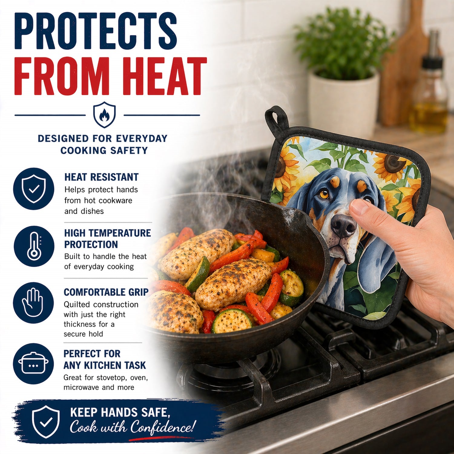 Bluetick Coonhound in Sunflowers Pot Holder Set of 2 Heat Resistant Quilted Hot Pads 7.5 x 7.5 Inch, Insulated Kitchen Trivets for Cooking & Baking