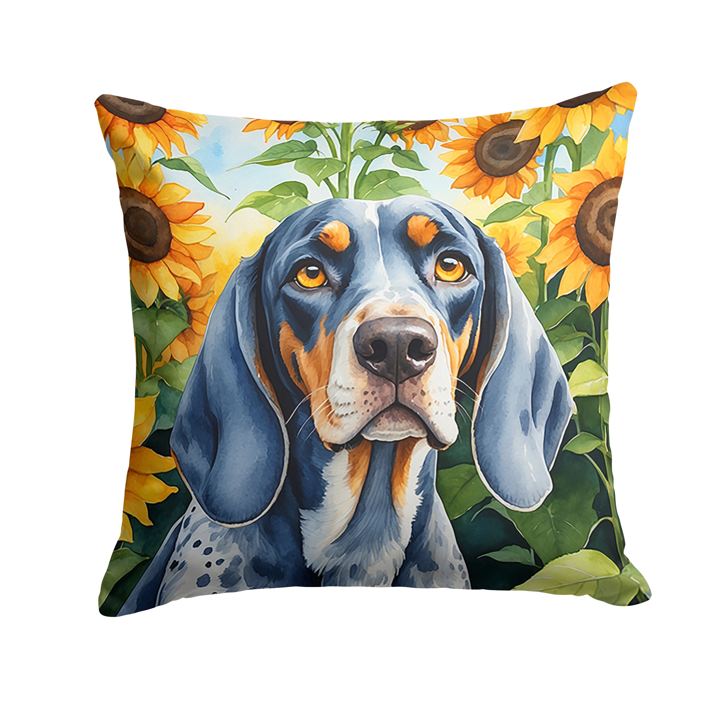 Bluetick Coonhound in Sunflowers Decorative Throw Pillow 14x14 Indoor Outdoor Accent Cushion, Fabric Cover with Insert for Sofa, Bed, Porch & Living Room