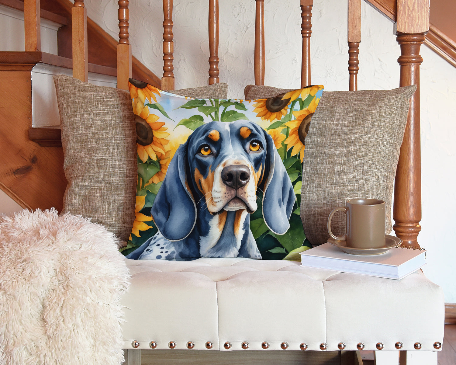 Bluetick Coonhound in Sunflowers Decorative Throw Pillow 14x14 Indoor Outdoor Accent Cushion, Fabric Cover with Insert for Sofa, Bed, Porch & Living Room