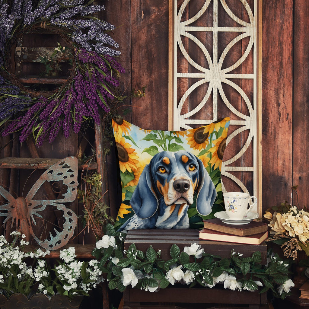 Bluetick Coonhound in Sunflowers Decorative Throw Pillow 14x14 Indoor Outdoor Accent Cushion, Fabric Cover with Insert for Sofa, Bed, Porch & Living Room