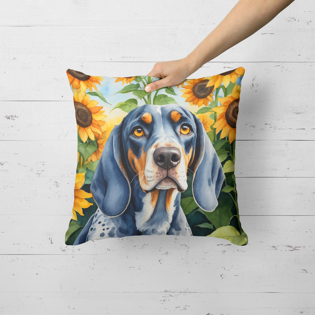 Bluetick Coonhound in Sunflowers Decorative Throw Pillow 18x18 Indoor Outdoor Accent Cushion, Fabric Cover with Insert for Sofa, Bed, Porch & Living Room