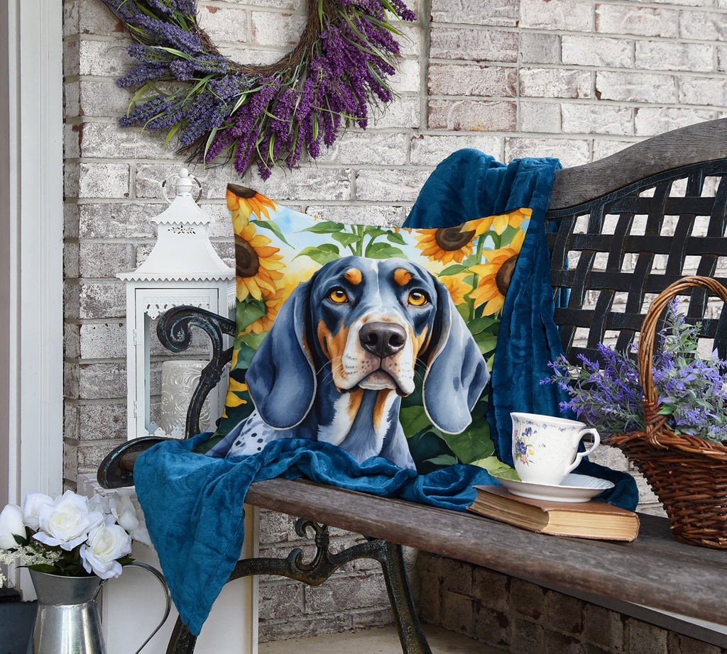 Bluetick Coonhound in Sunflowers Decorative Throw Pillow 18x18 Indoor Outdoor Accent Cushion, Fabric Cover with Insert for Sofa, Bed, Porch & Living Room