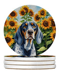 Bluetick Coonhound in Sunflowers Large Sandstone Coasters Pack of 4 Absorbent Round Coasters Decor Gifts for Men or Women, 4 in, Multicolor
