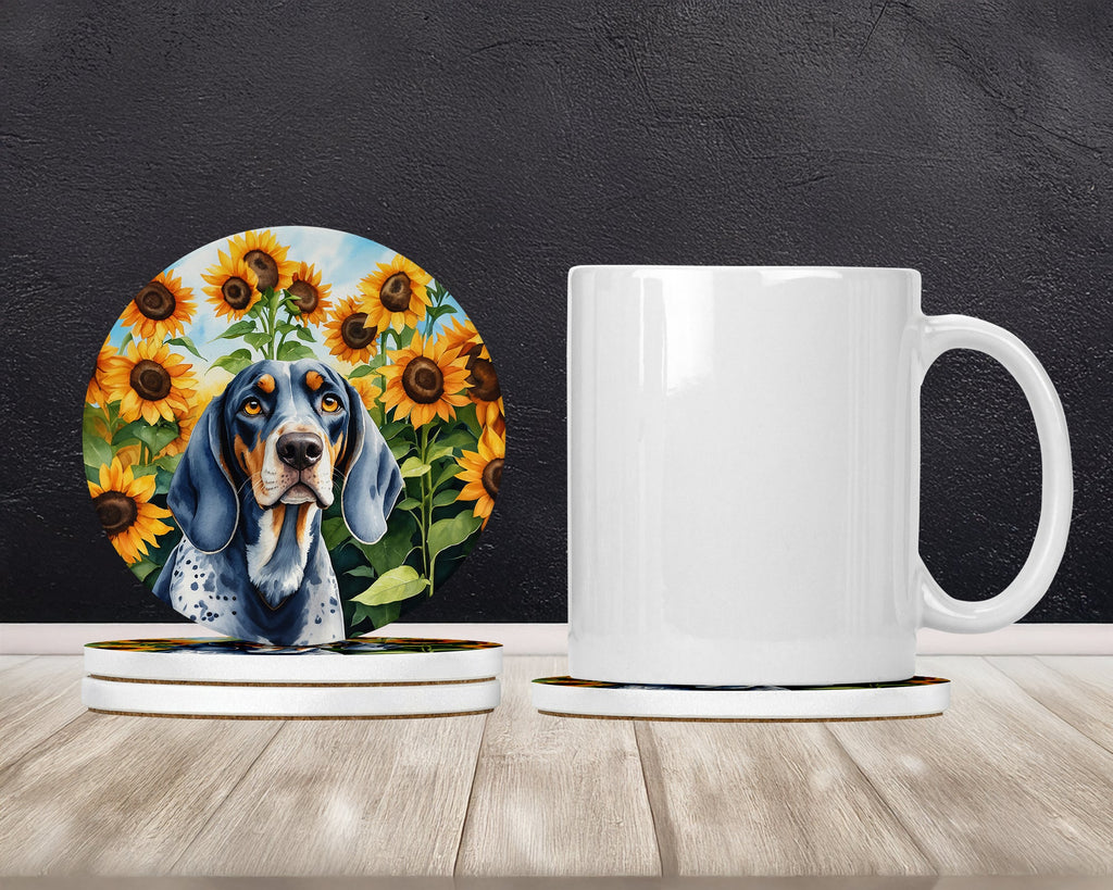 Bluetick Coonhound in Sunflowers Large Sandstone Coasters Pack of 4 Absorbent Round Coasters Decor Gifts for Men or Women, 4 in, Multicolor