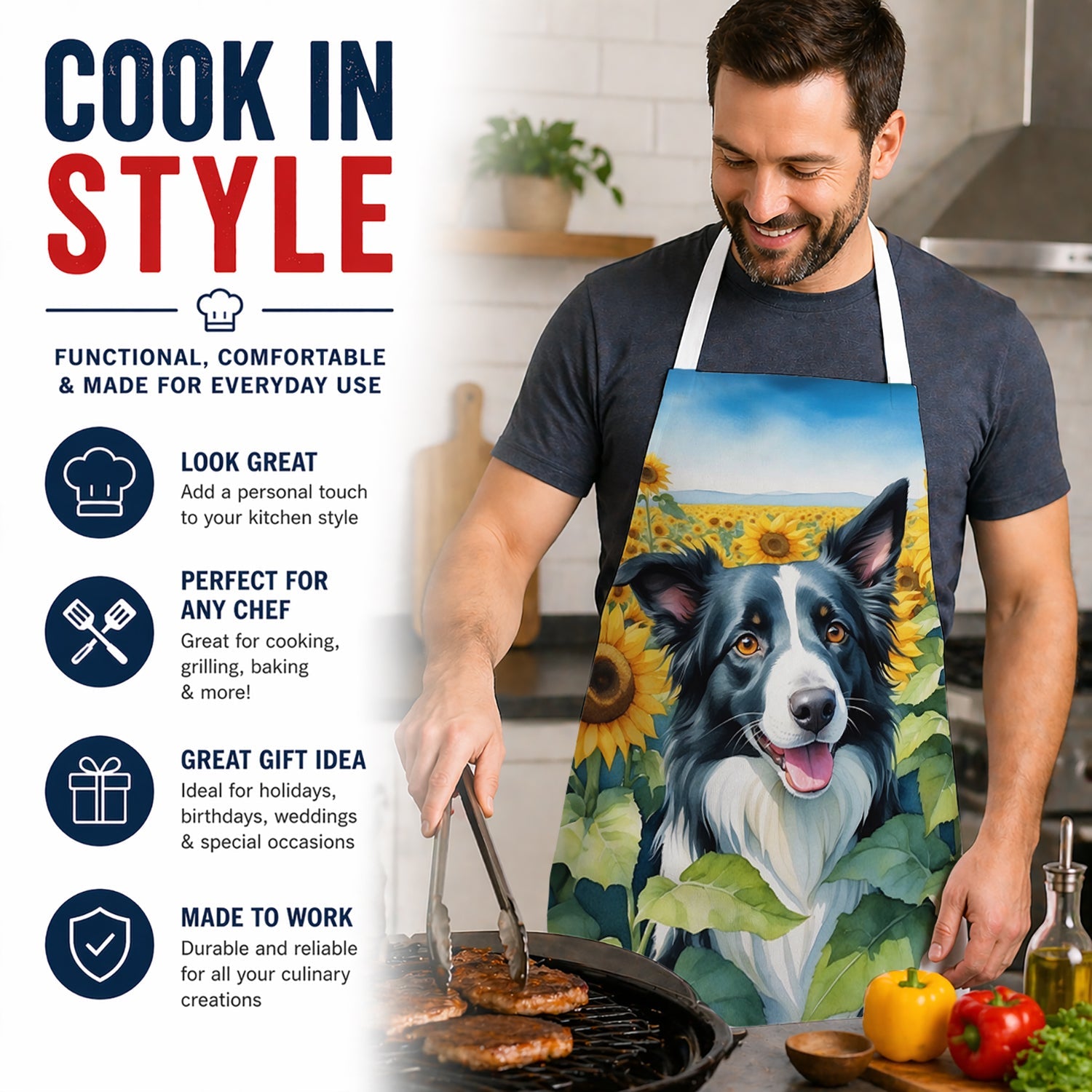 Border Collie in Sunflowers Apron Cooking Kitchen Server Baking Crafts Gardening for Adult Women Men, Unisex, Large, Multicolor