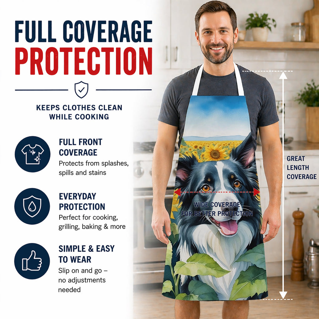 Border Collie in Sunflowers Apron Cooking Kitchen Server Baking Crafts Gardening for Adult Women Men, Unisex, Large, Multicolor